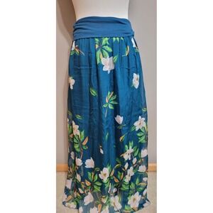 Elana Baldi Silk Blend Teal Floral Maxi Skirt